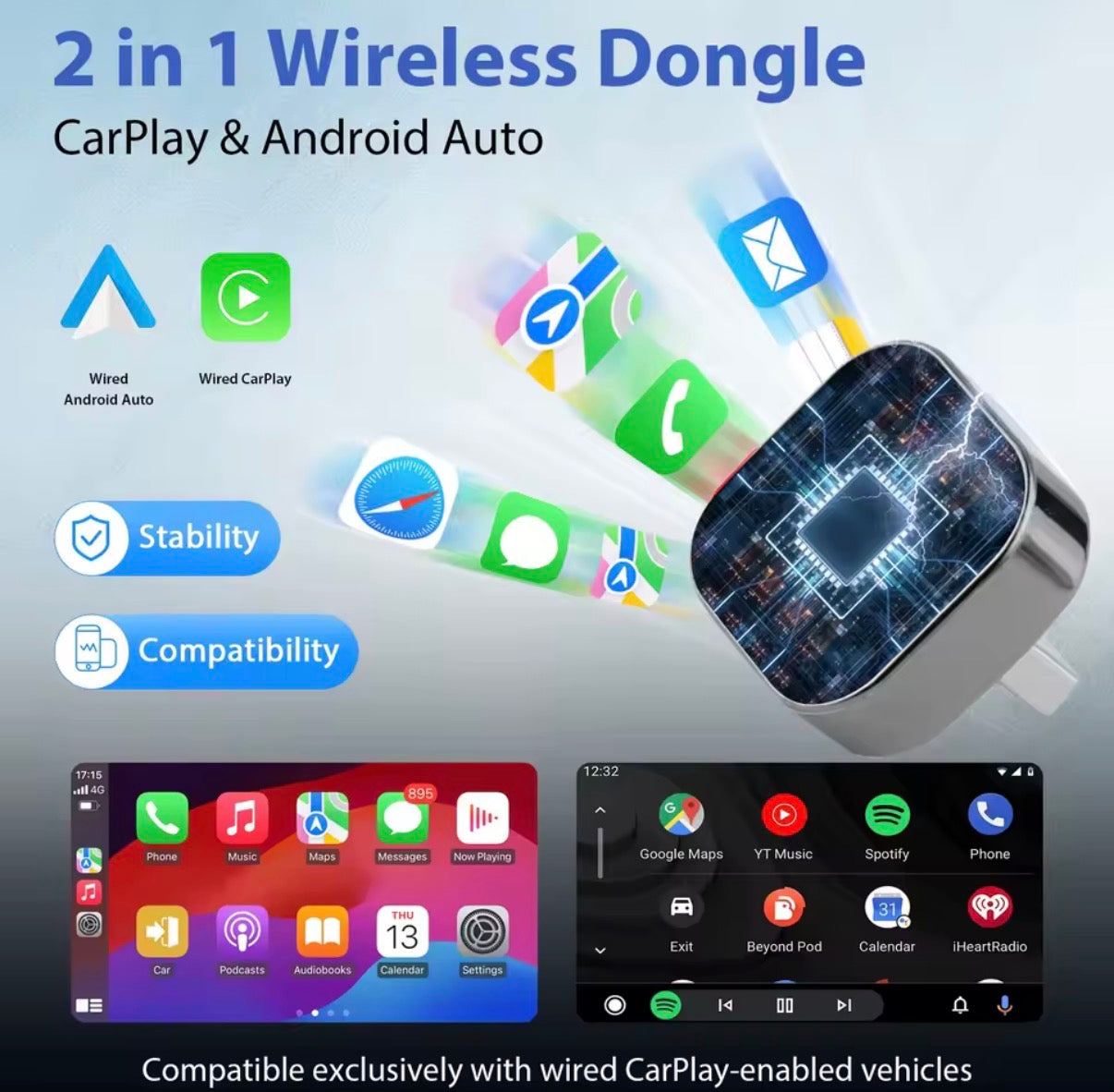 Adattatore Wireless CarPlay e Android Auto – Dongle 2 in 1 USB, Connessione Automatica, WiFi 2.4/5GHz