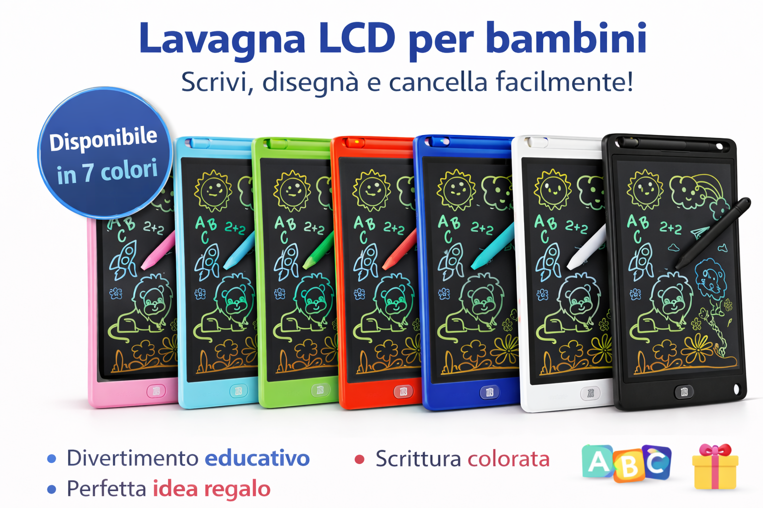 Lavagna LCD per Bambini 8.5” con Penna – Scrittura Colorata