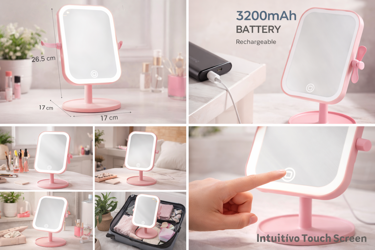 Specchio Trucco LED Ricaricabile con Luce Naturale – Touch, USB, Portatile