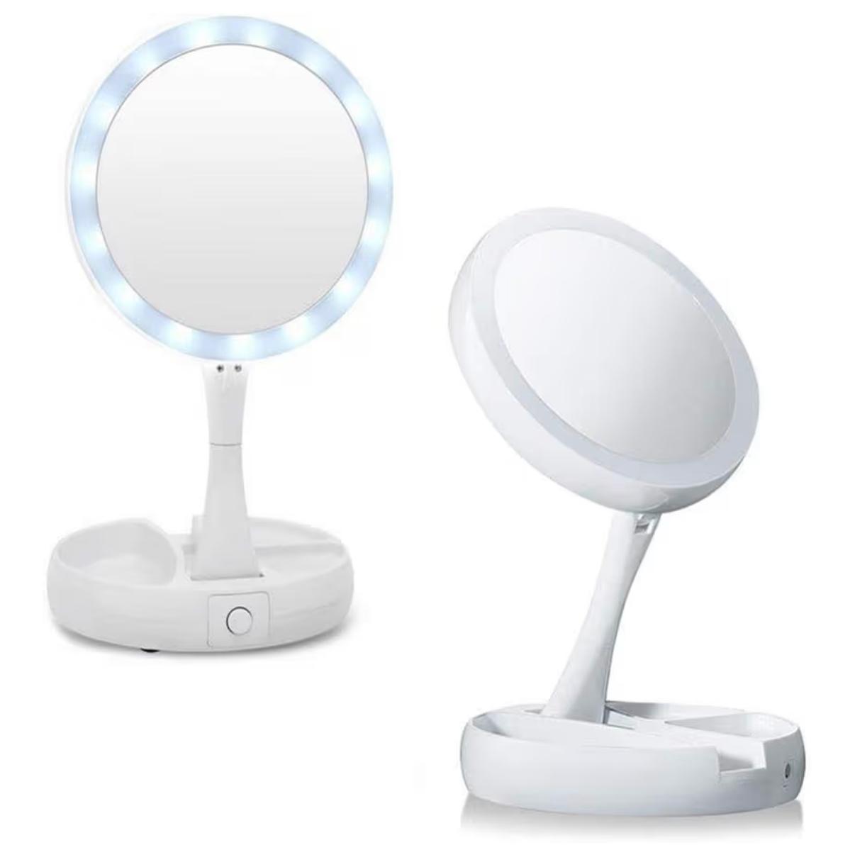 Specchio Trucco LED con Ingrandimento 10X – Illuminato, Pieghevole con Base Portaoggetti