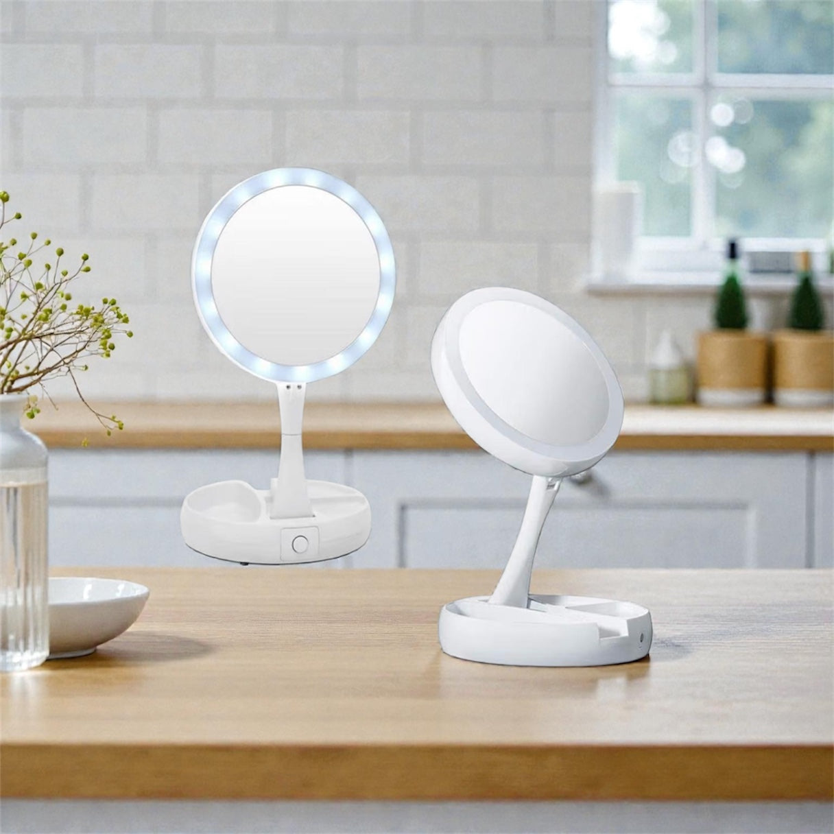 Specchio Trucco LED con Ingrandimento 10X – Illuminato, Pieghevole con Base Portaoggetti