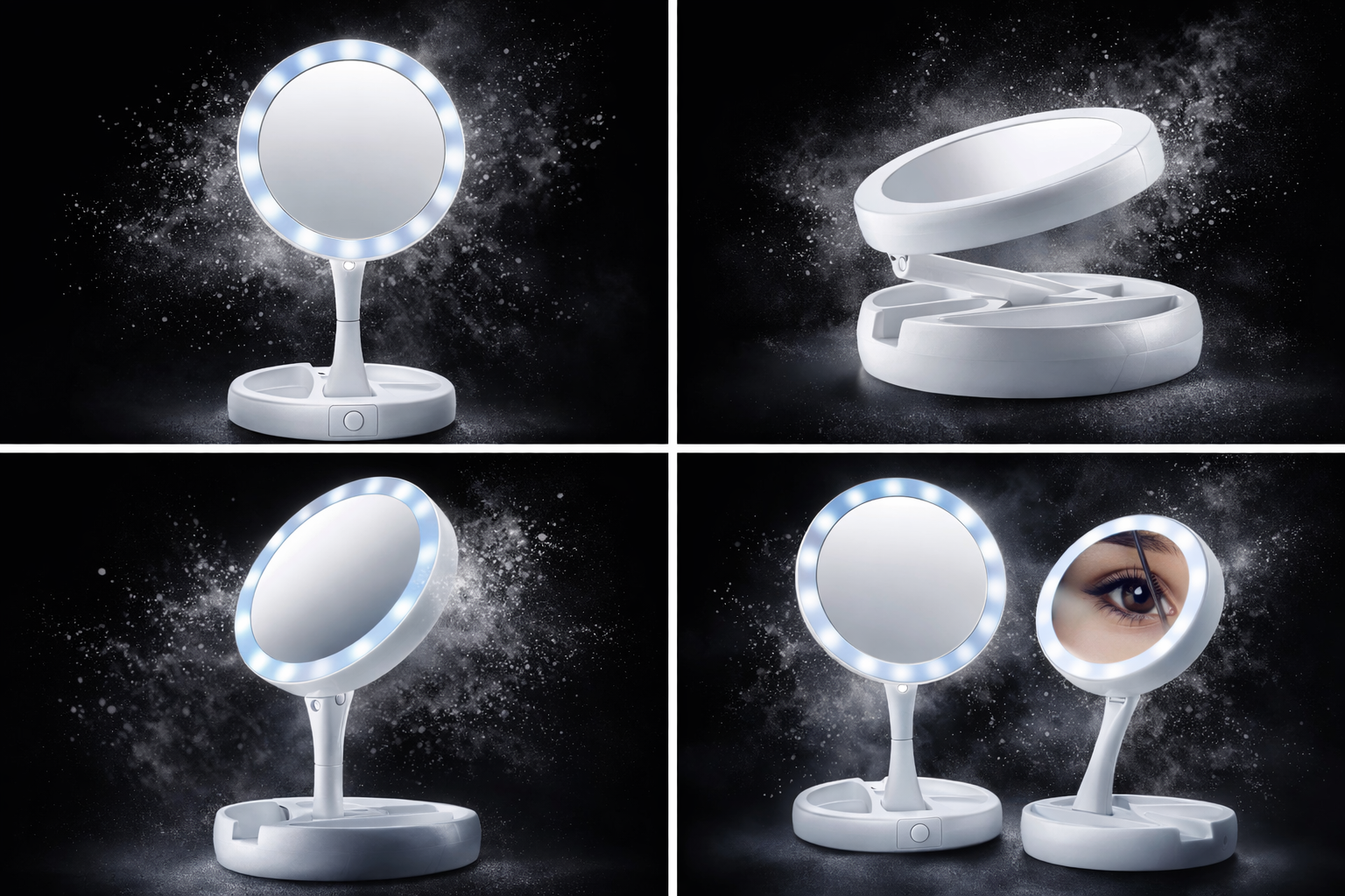 Specchio Trucco LED con Ingrandimento 10X – Illuminato, Pieghevole con Base Portaoggetti