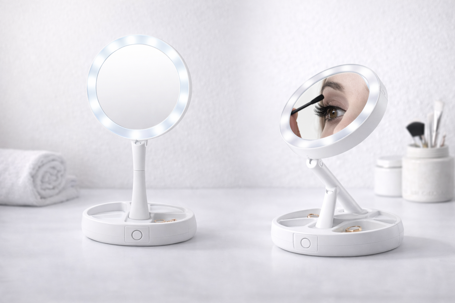 Specchio Trucco LED con Ingrandimento 10X – Illuminato, Pieghevole con Base Portaoggetti